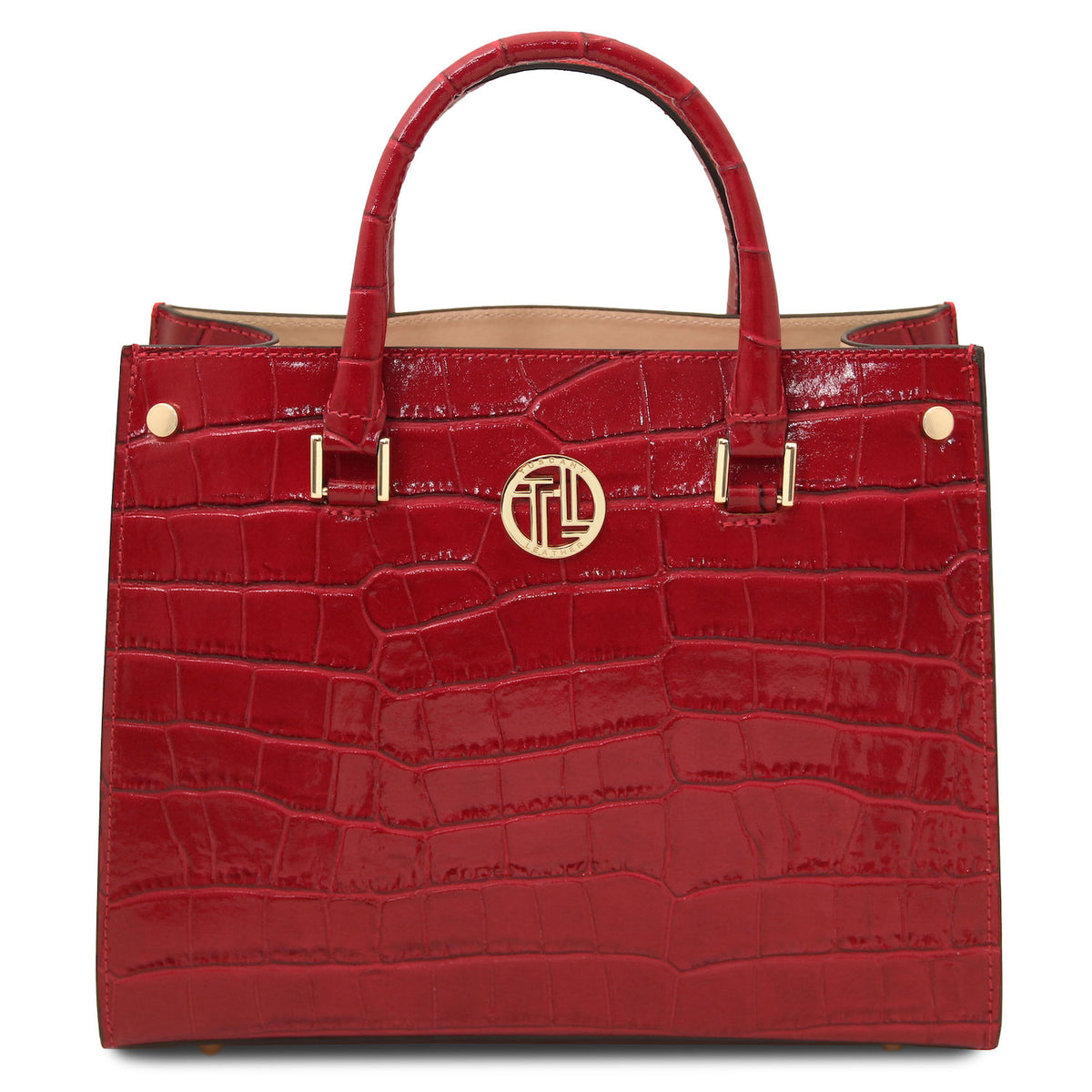 Croque - Croc print leather tote handbag | TL142504 in glossy red with structured silhouette, dos asas superiores, and herrajes dorados sobre fondo blanco.