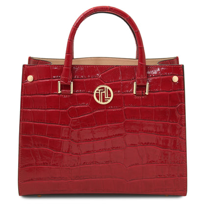 Croque - Croc print leather tote handbag | TL142504 in glossy red with structured silhouette, dos asas superiores, and herrajes dorados sobre fondo blanco.