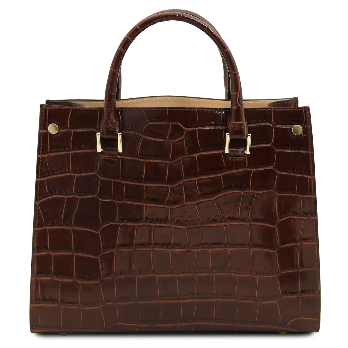 Croque - Croc print leather tote handbag | TL142504 in dark brown glossy Italian embossed leather with asa superiors and herrajes dorados sobre fondo blanco