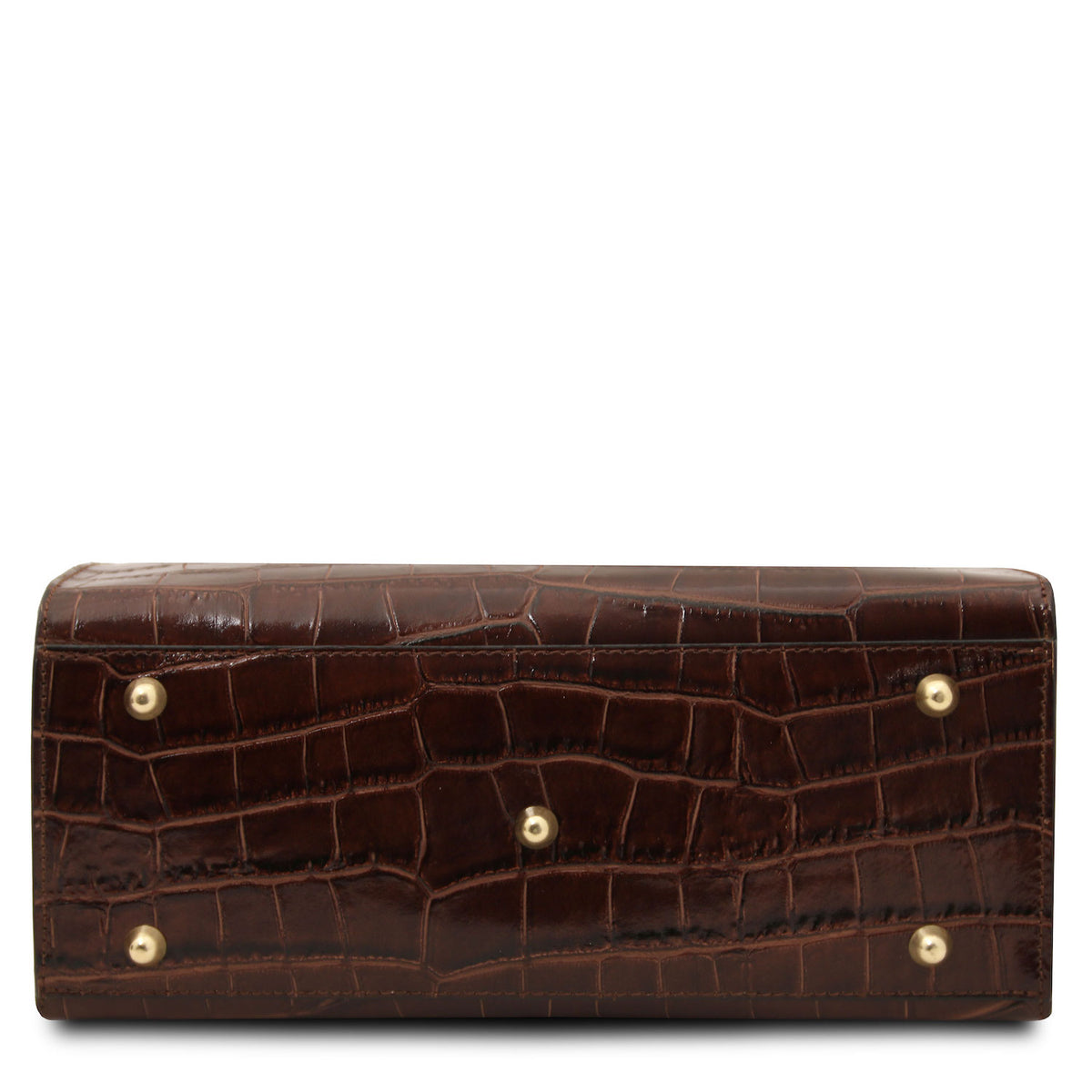 Croque - Croc print leather tote handbag | TL142504 in dark brown with glossy embossed texture and gold-tone metal feet sobre fondo blanco
