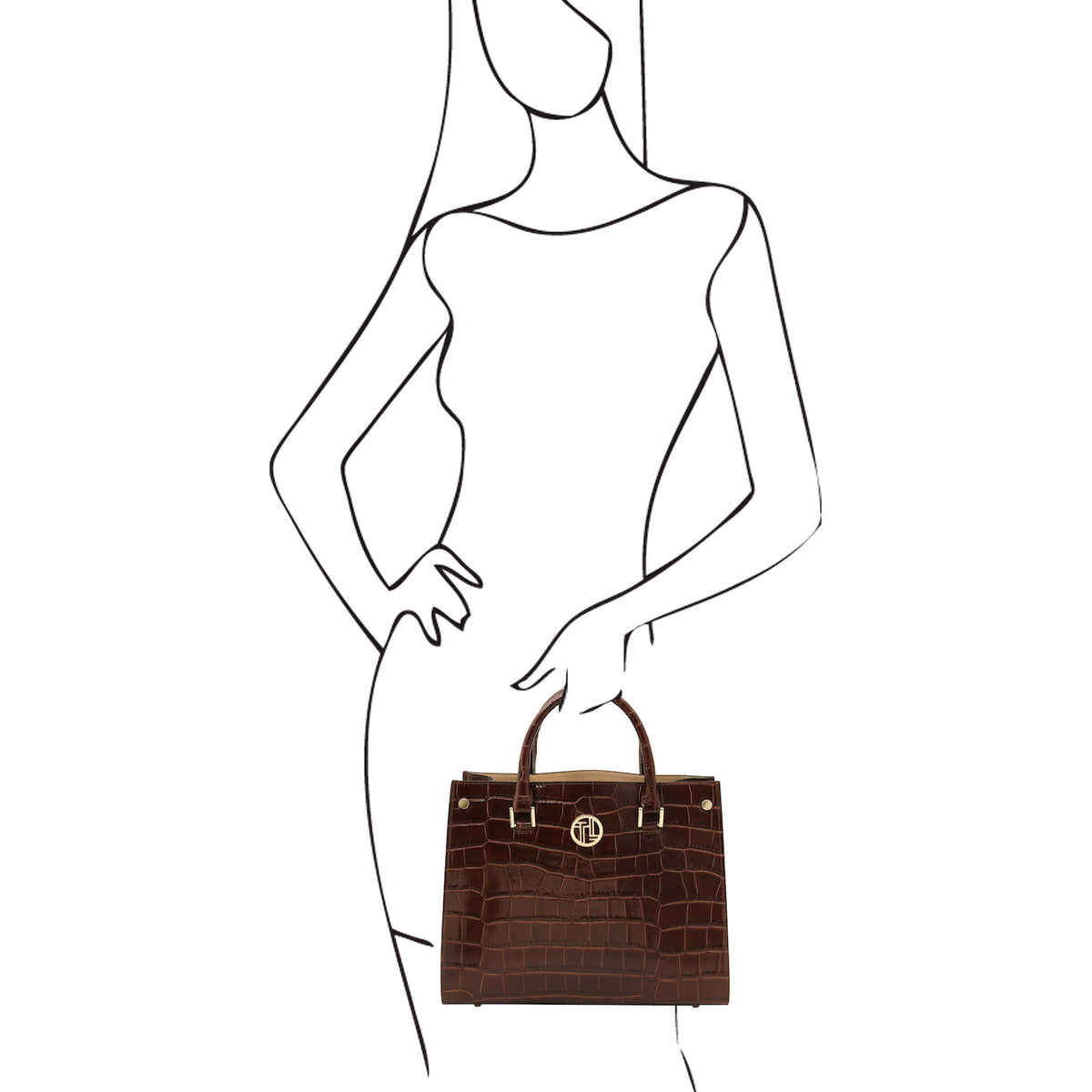 Croque - Croc print leather tote handbag | TL142504 in dark brown embossed leather with herrajes dorados and asa superiors held by an outline figure.