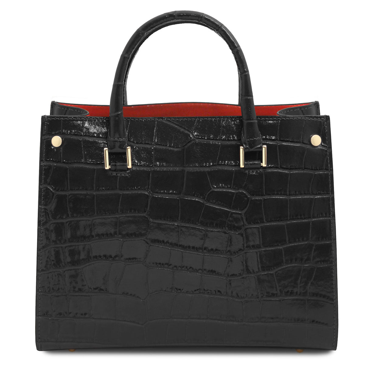 Croque - Croc print leather tote handbag | TL142504 in black glossy embossed leather with structured frame and herrajes dorados sobre fondo blanco