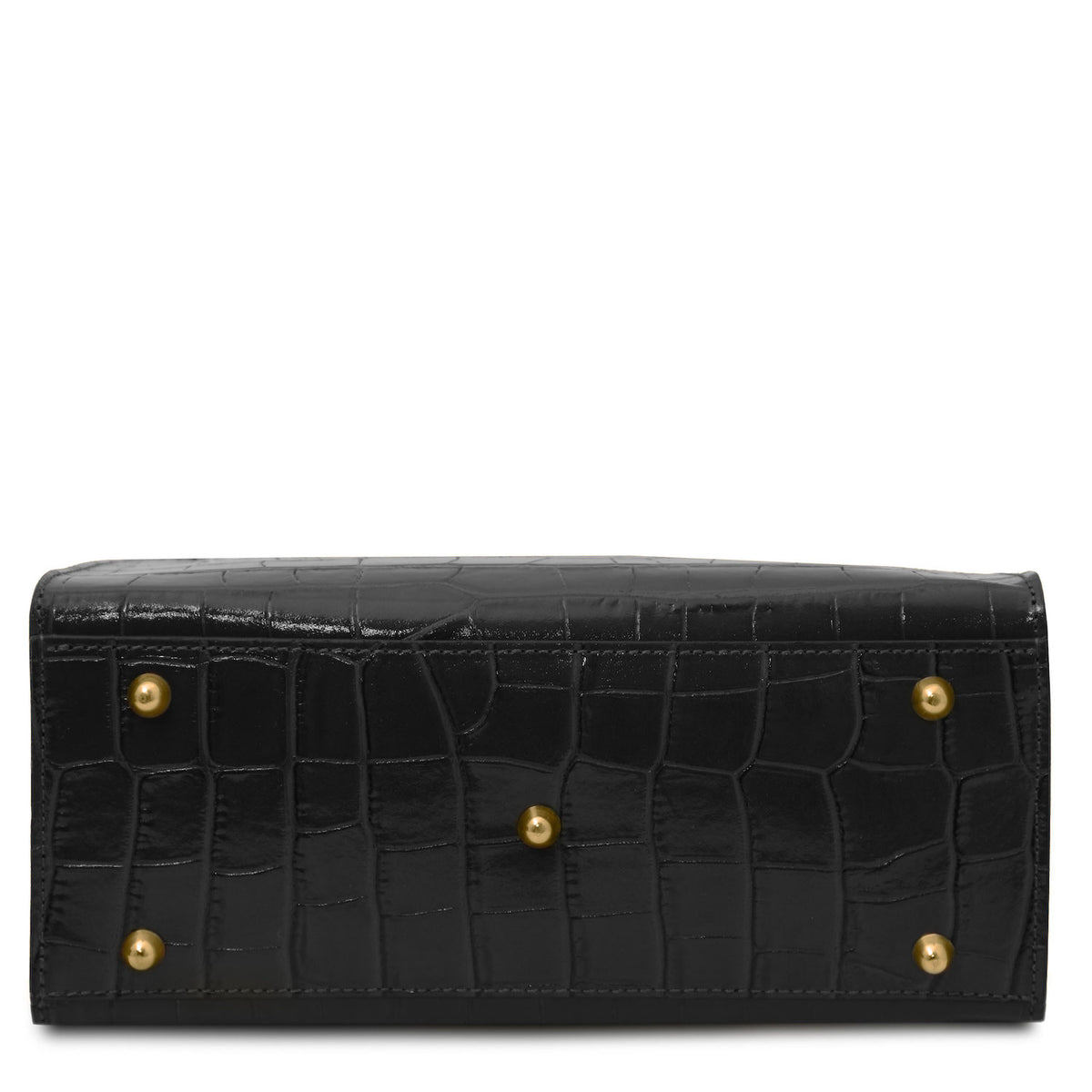 Croque - Croc print leather tote handbag | TL142504 in black Italian embossed leather with gold-tone stud feet sobre fondo blanco