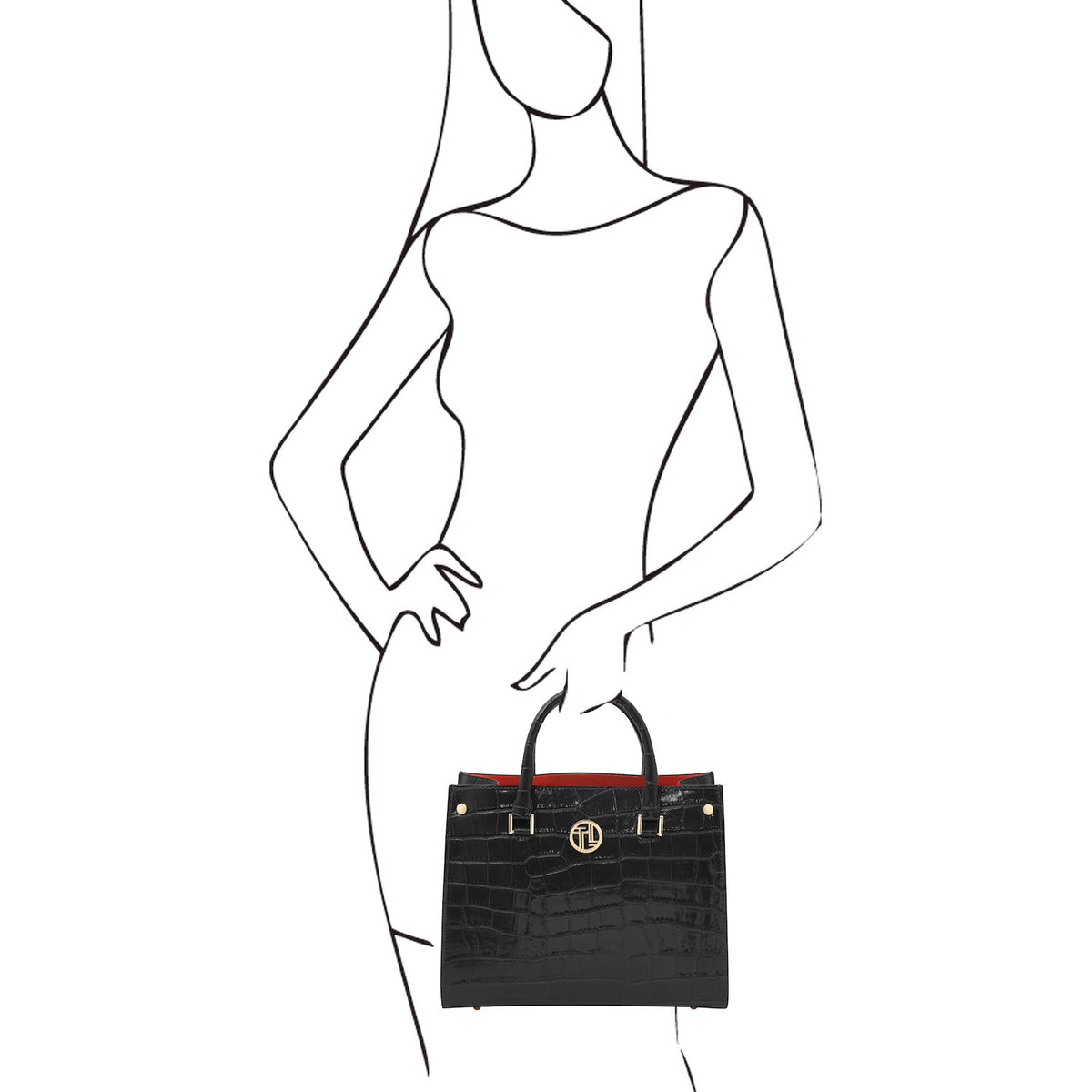 Croque - Croc print leather tote handbag | TL142504 in black glossy embossed leather with herrajes dorados and asa superiors held against a white background