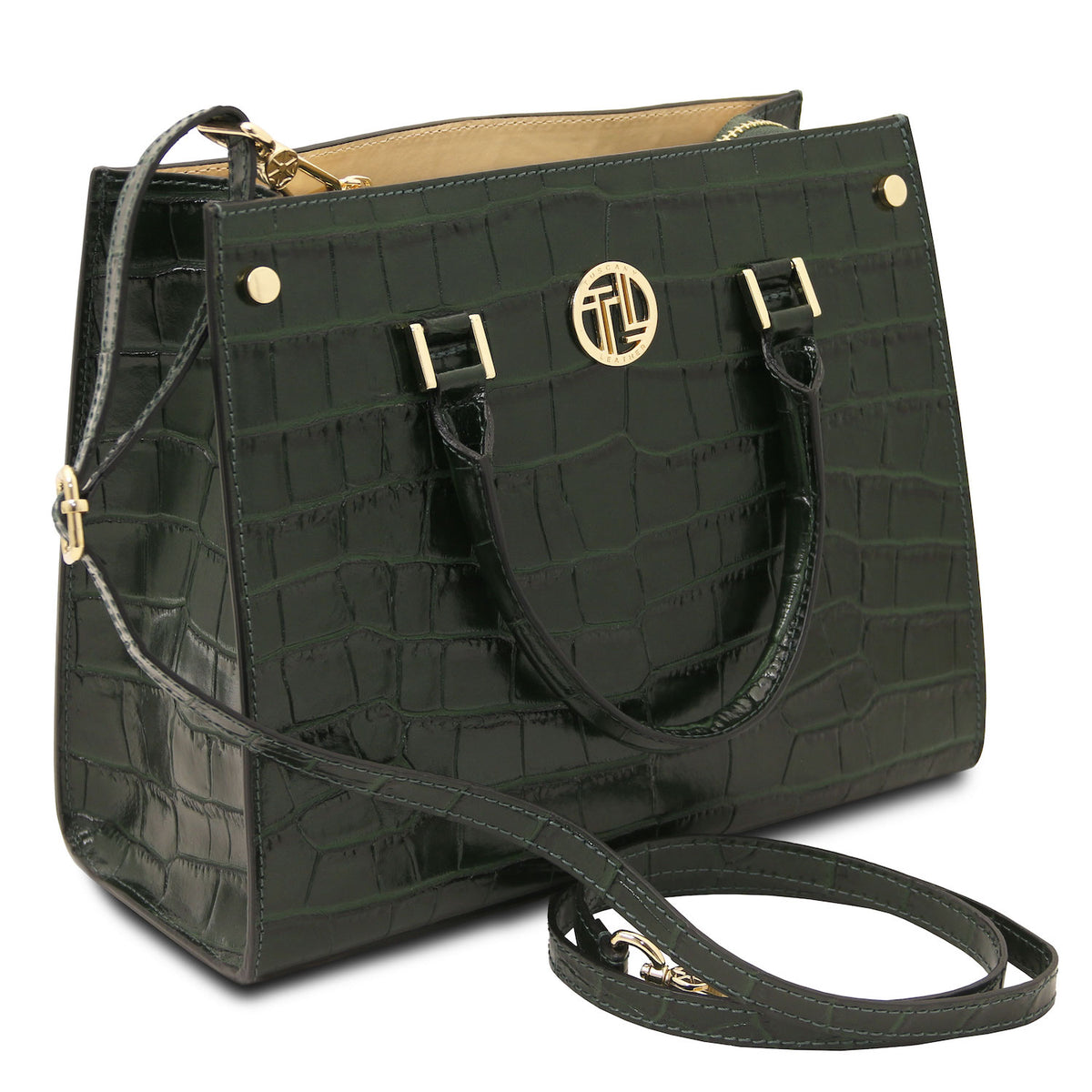 Croque - Croc print leather tote handbag | TL142504 in dark green with glossy embossed texture, herrajes dorados, asa superiors, and correa de hombro extraíble