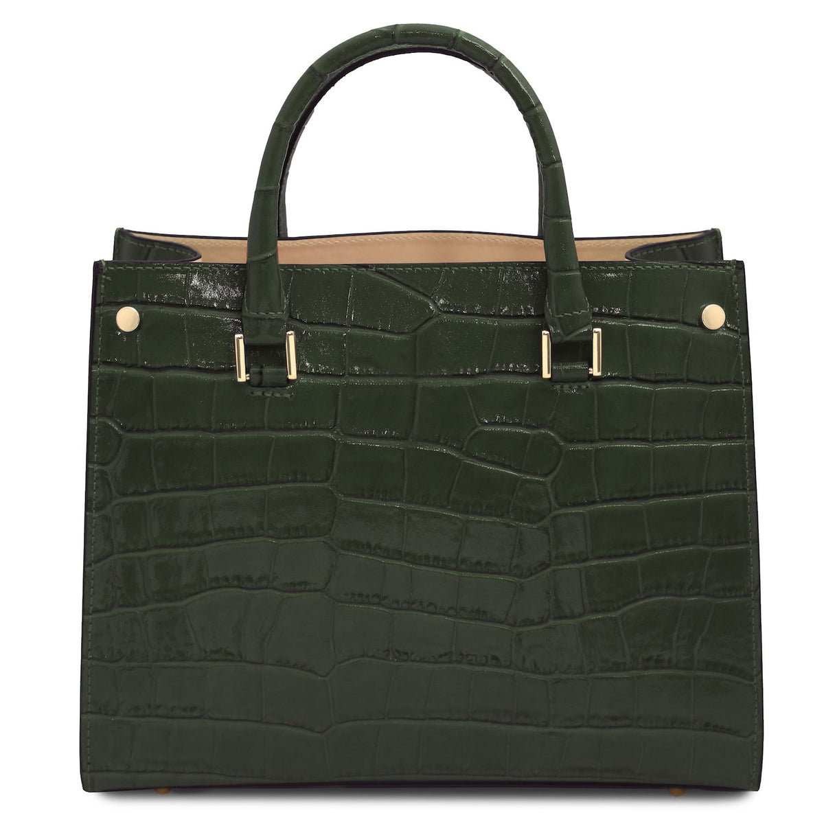 Croque - Croc print leather tote handbag | TL142504 in glossy dark green Italian embossed leather with structured frame and herrajes dorados sobre fondo blanco