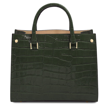 Croque - Croc print leather tote handbag | TL142504 in glossy dark green Italian embossed leather with structured frame and herrajes dorados sobre fondo blanco