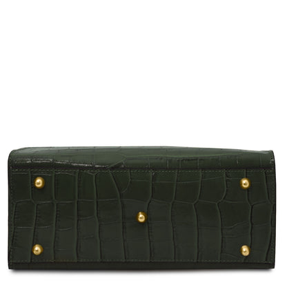 Croque - Croc print leather tote handbag | TL142504 in dark green Italian embossed leather with gold-tone feet sobre fondo blanco