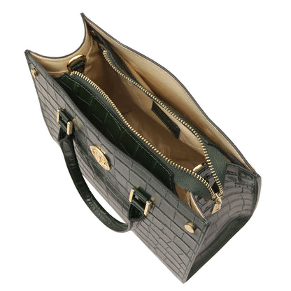 Croque - Croc print leather tote handbag | TL142504 in black with embossed texture, herrajes dorados, asa superiors, and zippered interior compartment sobre fondo blanco.