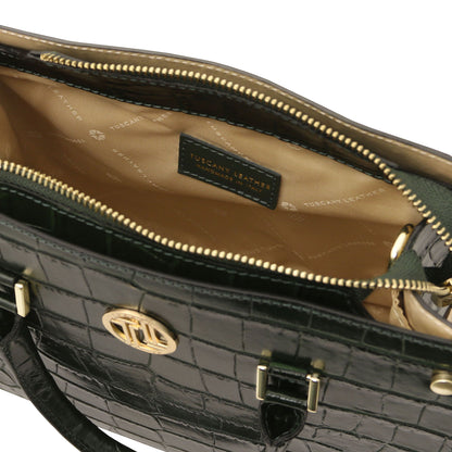 Croque - Croc print leather tote handbag | TL142504 in black glossy embossed leather with herrajes dorados and asa superiors sobre fondo blanco