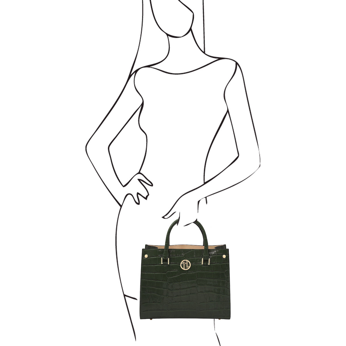 Croque - Croc print leather tote handbag | TL142504 in black Italian embossed leather with structured frame, asa superiors, and herrajes dorados.