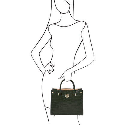 Croque - Croc print leather tote handbag | TL142504 in black Italian embossed leather with structured frame, asa superiors, and herrajes dorados.