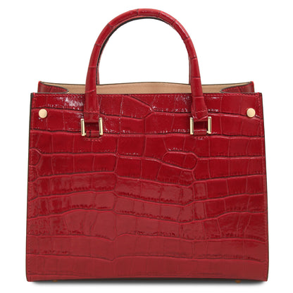 Croque - Croc print leather tote handbag | TL142504 in glossy red Italian embossed leather with structured frame and herrajes dorados sobre fondo blanco.