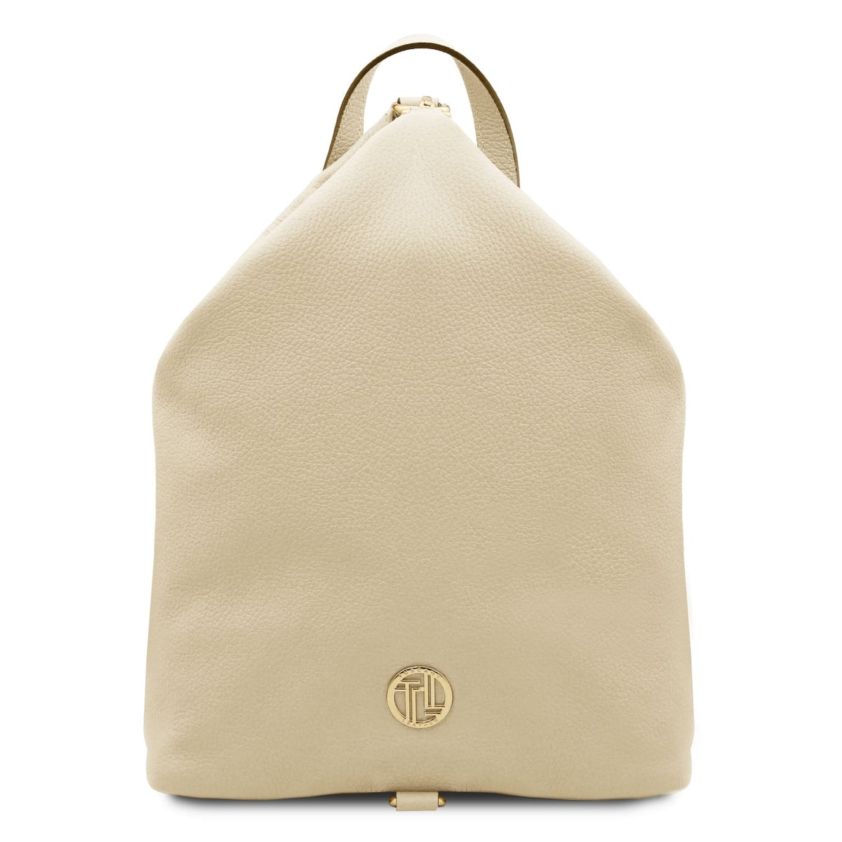 Vista frontale of the beige Dublin leather backpack con texture martellata accessori metallici color oro e logo plaque