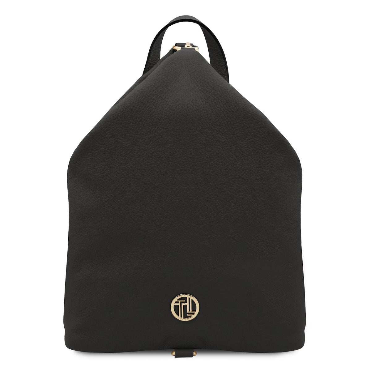 Vista frontale of nero Dublin zaino in morbida pelle italiana con accessori metallici color oro e a placca logo rotonda.