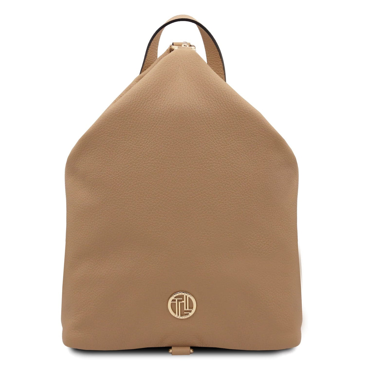 Vista frontale of Dublin zaino in morbida pelle italiana in cuoio con a circular logo color oro at the bottom.
