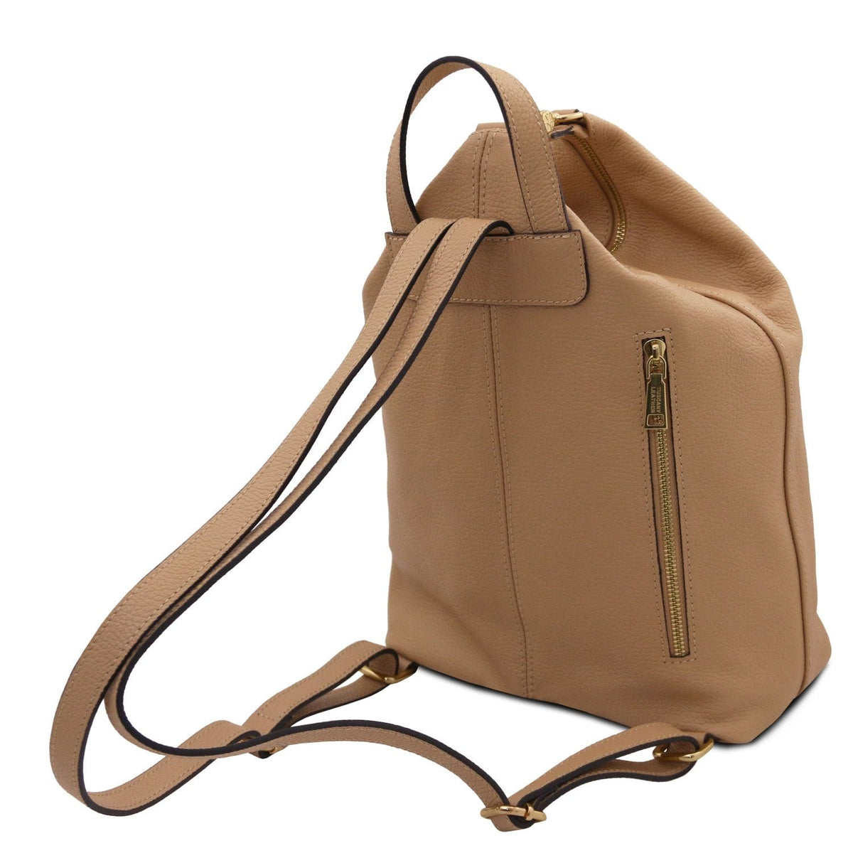 Dublin backpack shown from the side con a zip verticale color oro pocket e cuoio straps.