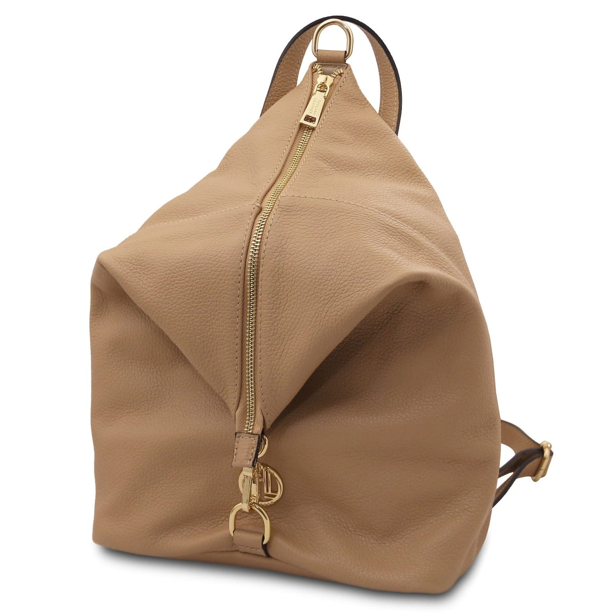 Dublin zaino in morbida pelle italiana in cuoio con a zip verticale color oro e manico ad anello superiore.
