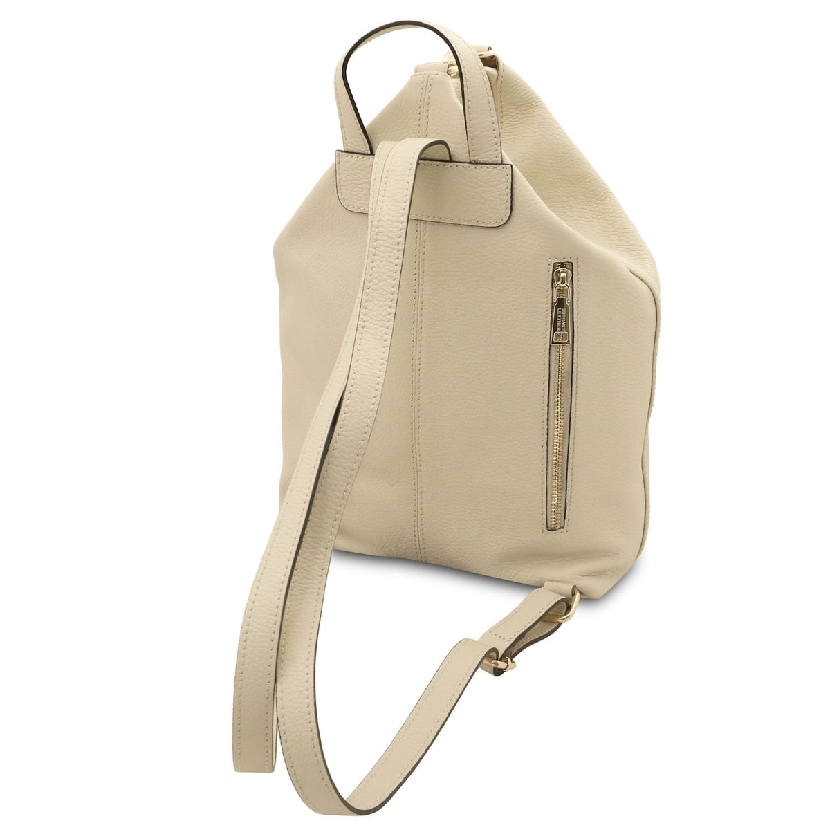 Beige Dublin zaino in morbida pelle italiana shown from the side con manico superiore e tracolla regolabile