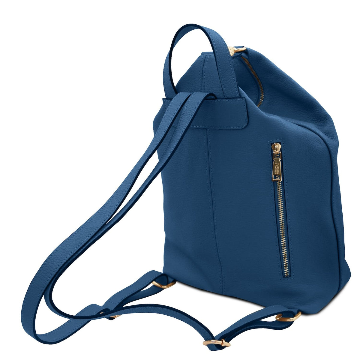 Blu Dublin zaino in morbida pelle italiana con a vertical gold tasca con zip on the front e tracolla regolabiles