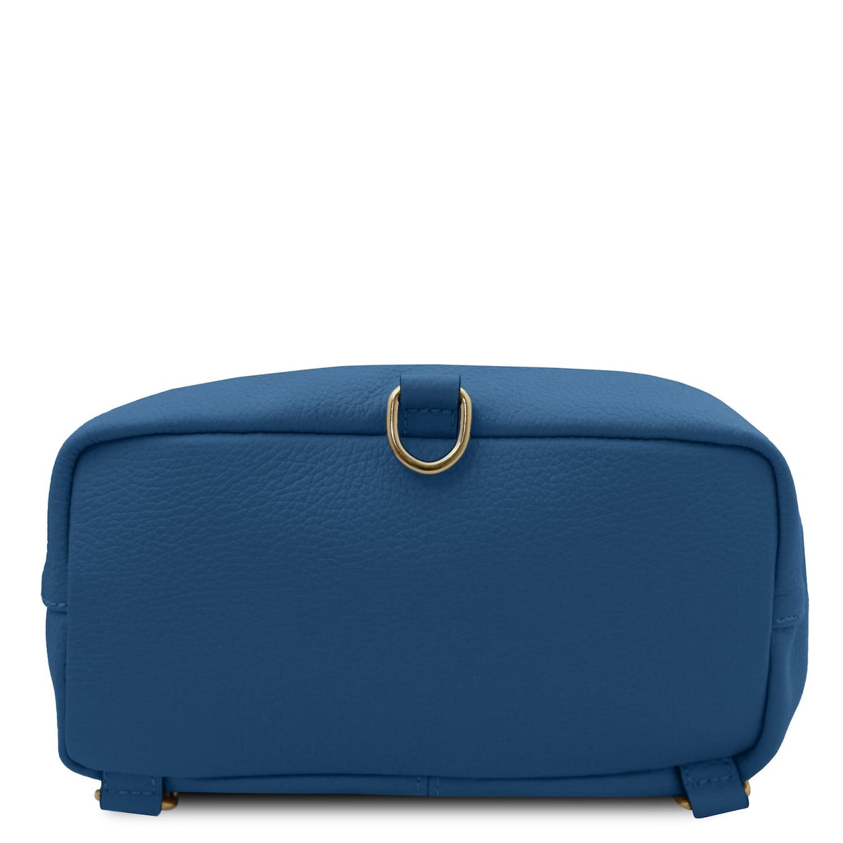 Vista dal basso of blu Dublin leather backpack che mostra accessori ad anello color oro e reinforced seams