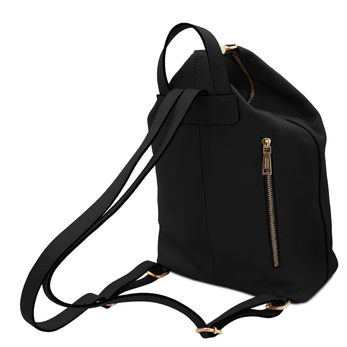 Dublin zaino in morbida pelle italiana in nero con a tirazip color oro e tracolla regolabiles
