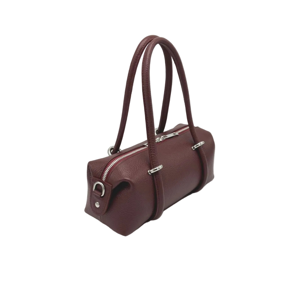Vue latérale of a burgundy east west handbag sur fond blanc