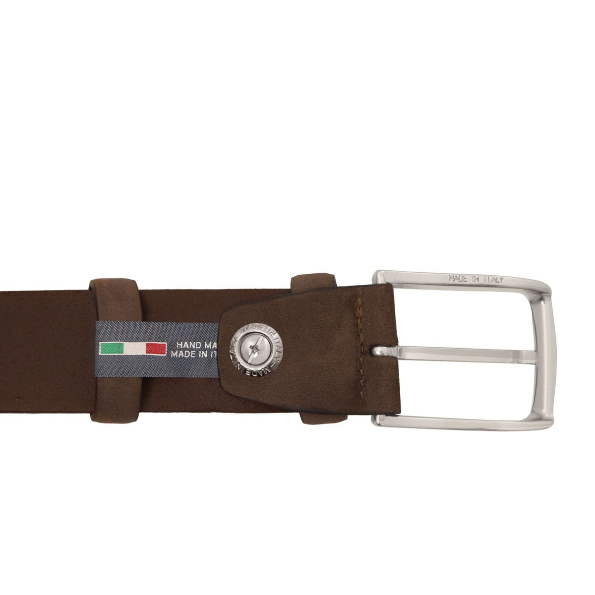 Marrone nubuck leather belt con a silver reccuoiogular buckle e hemade in Italy tag con Italian flag