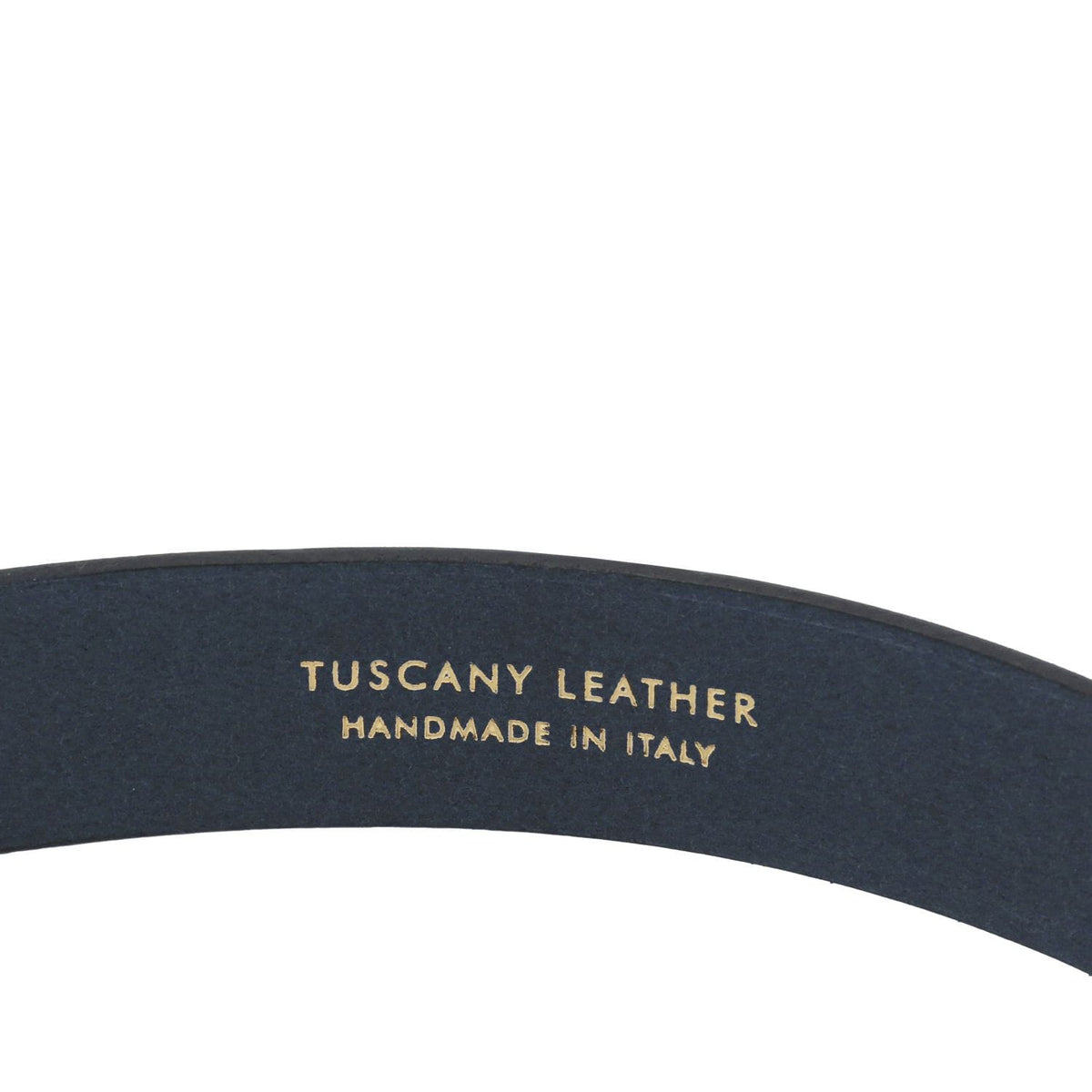 Cintura in pelle nabuk blu navy curva con scritta dorata Tuscany Leather Handmade in Italy all’interno