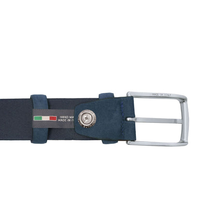 Cintura in pelle nabuk blu navy con fibbia argentata ed etichetta Made in Italy