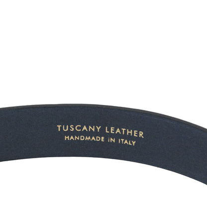 Dark navy nubuck belt with gold Tuscany Leather Handmade in Italy stamp.