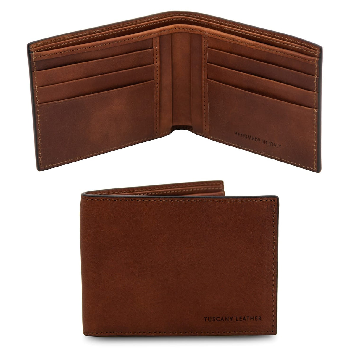 Marrone twofold portafoglio in pelle opened to show scomparti per carte e inner hemade in Italy breing