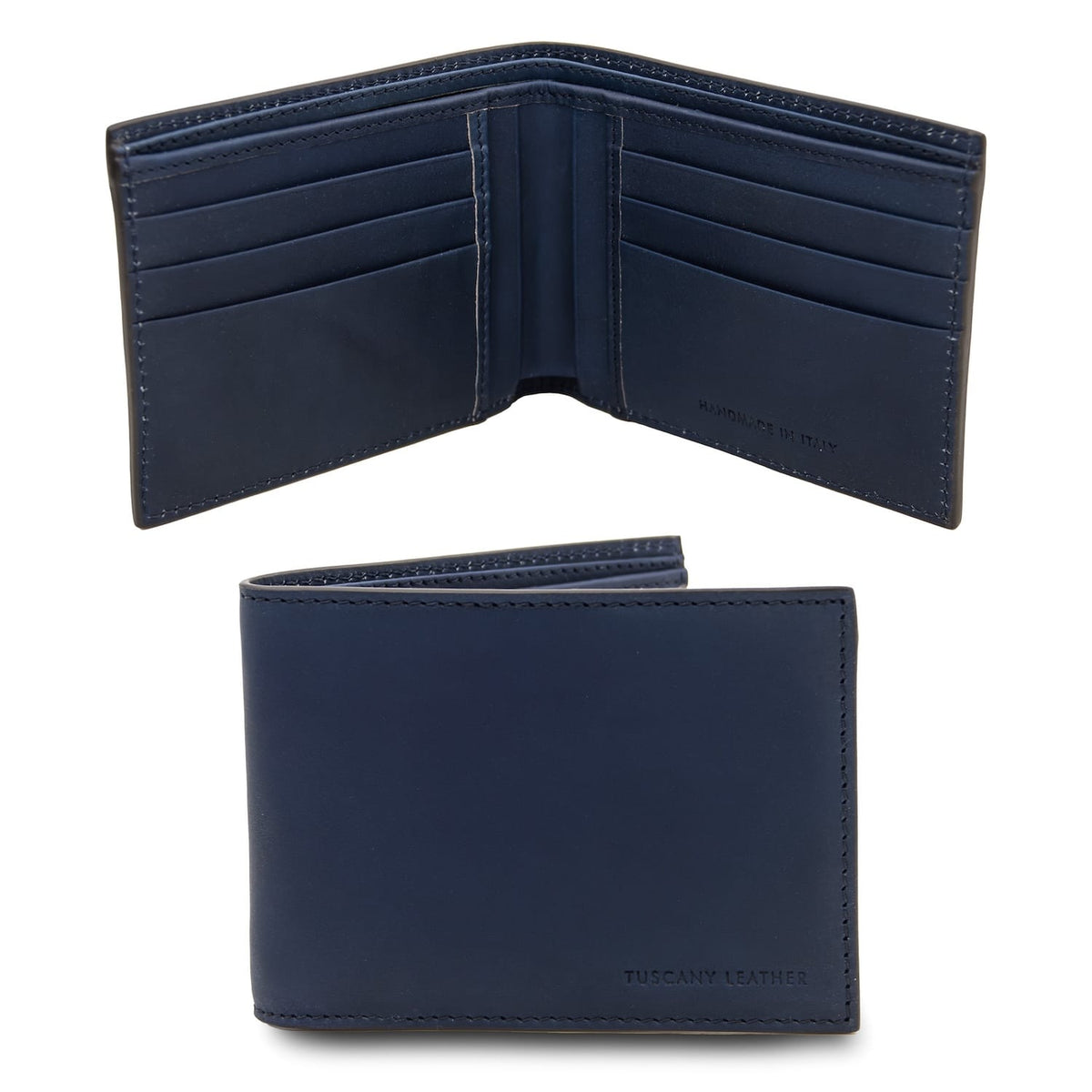 Blu navy blu twofold portafoglio in pelle open con numerous scomparti per carte e central pocket