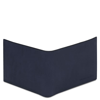 Opaca blu navy leather bi fold wallet for men con bordo superiore curvo