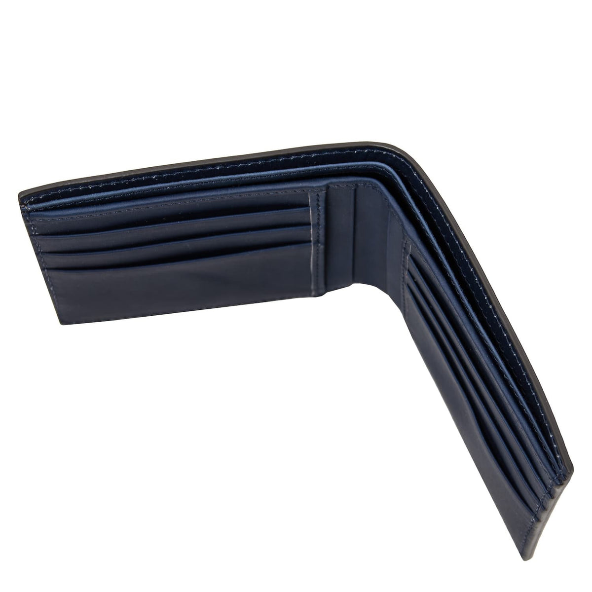 Aperto blu navy portafoglio in pelle opaca displaying multiple scomparti per carte e compartments