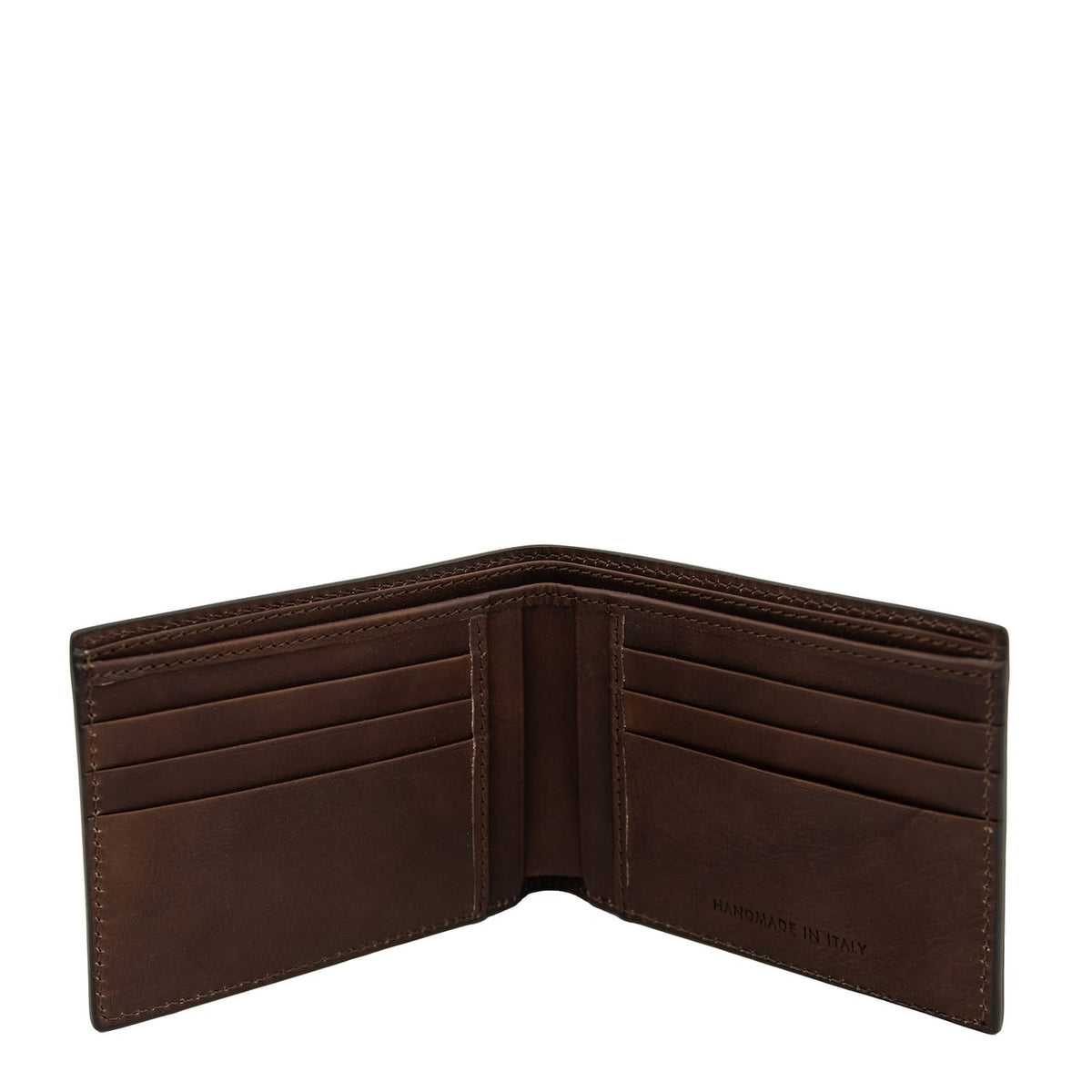 Vista interna of matte marrone portafoglio in pelle con multiple scomparti per carte on both sides e a center divider