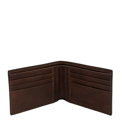 Vista interna of matte marrone portafoglio in pelle con multiple scomparti per carte on both sides e a center divider