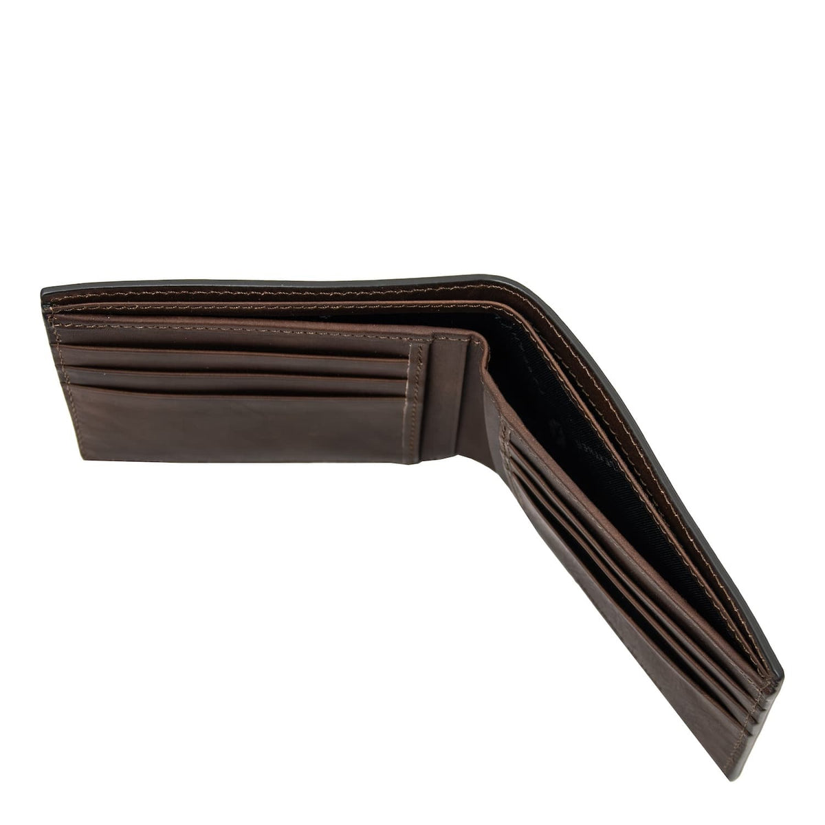 Marrone pelle opaca men's wallet open showing scomparti per carte e scomparti interni