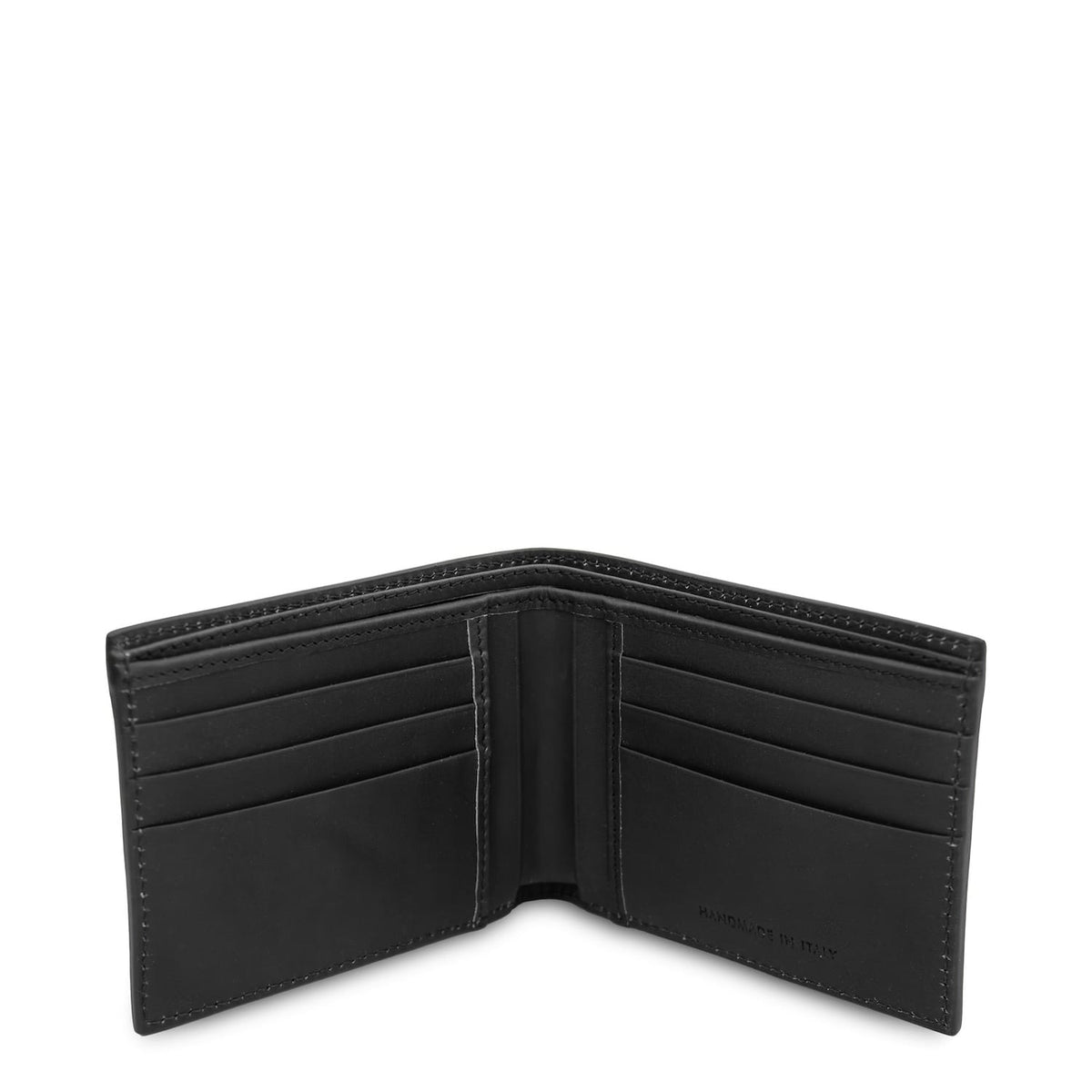 Aperto matte nero leather portafoglio bifold con scomparti per carte on both sides e a tasca centrale