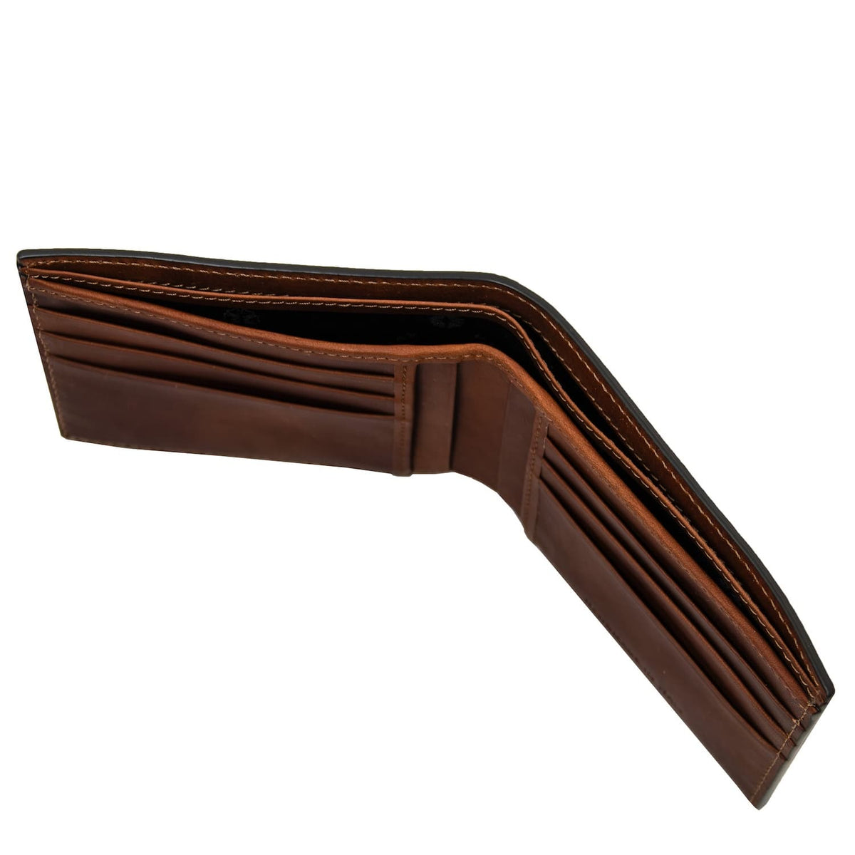 Aperto marrone portafoglio in pelle interior con multiple scomparti per carte on both sides e a central pocket