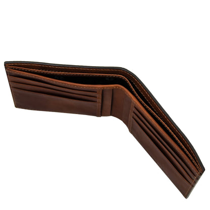 Aperto marrone portafoglio in pelle interior con multiple scomparti per carte on both sides e a central pocket