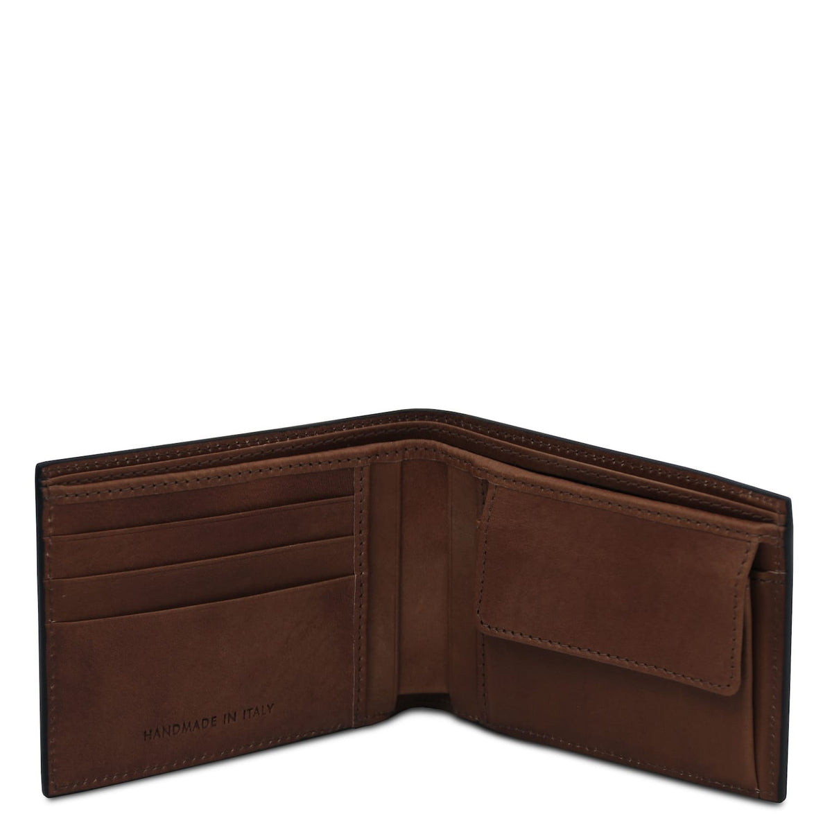 Portafoglio da uomo aperto in pelle opaca marrone con slot carte e portamonete; interno con timbro Handmade in Italy