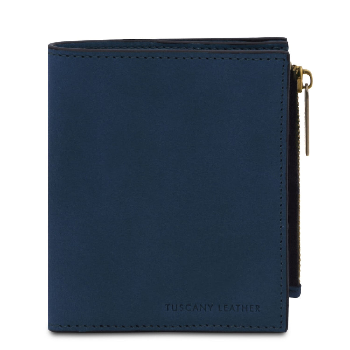 Blu Tuscany Leather wallet con side zip color oro e a minimalist finish.