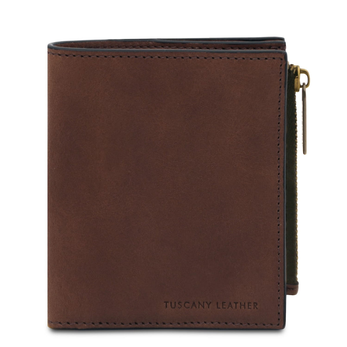 Marrone Tuscany Leather compact wallet con neat stitching e a side tasca con zip