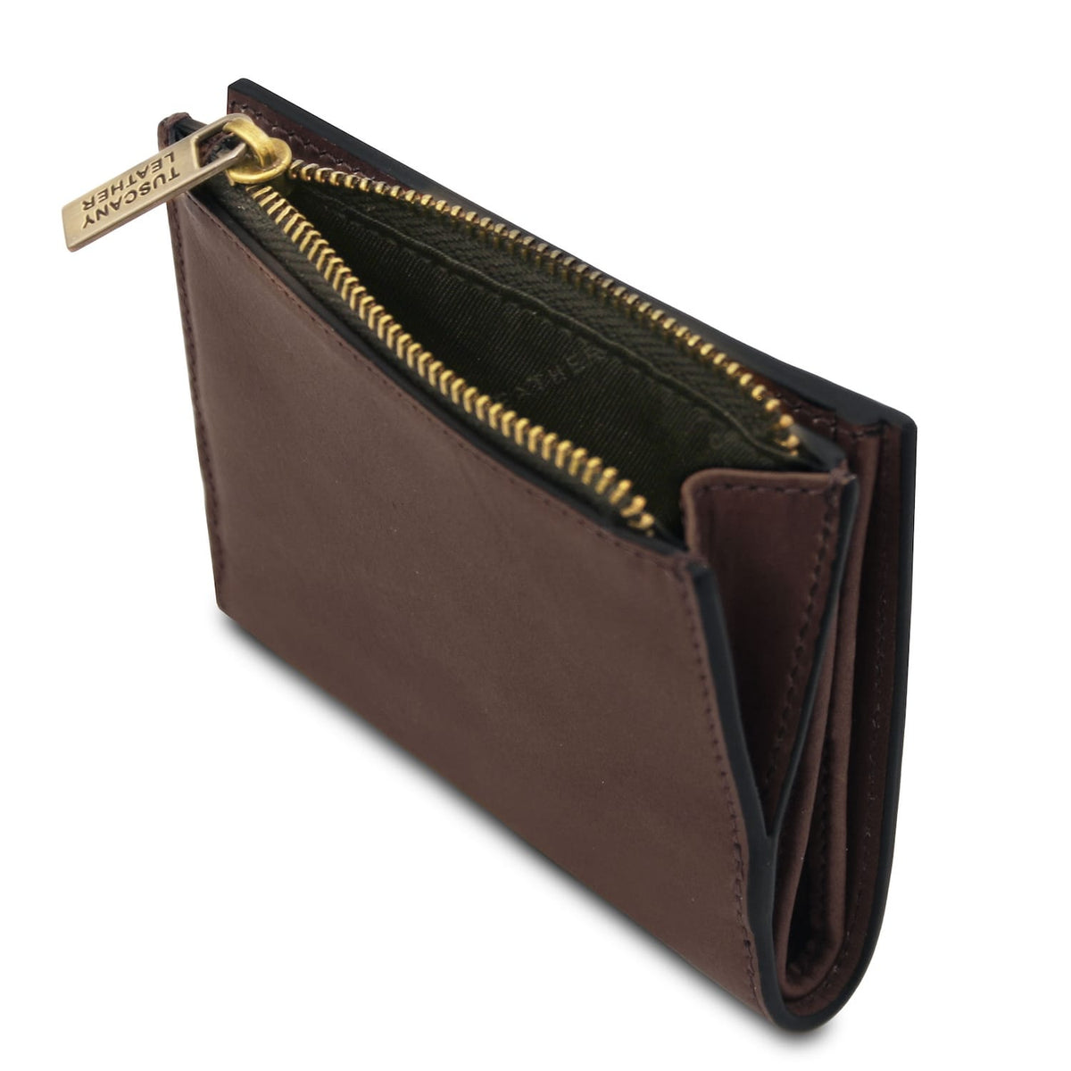 Marrone portafoglio in pelle con dual zip color oro e a breed pull tab