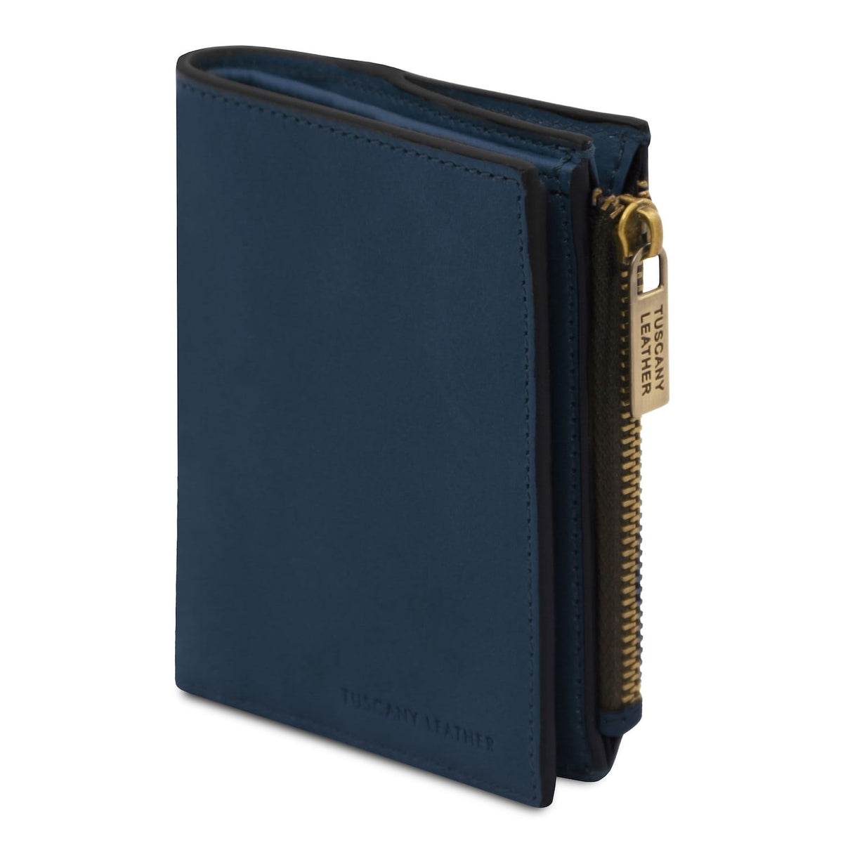 Blu portafoglio in pelle for men con a gold side zipper