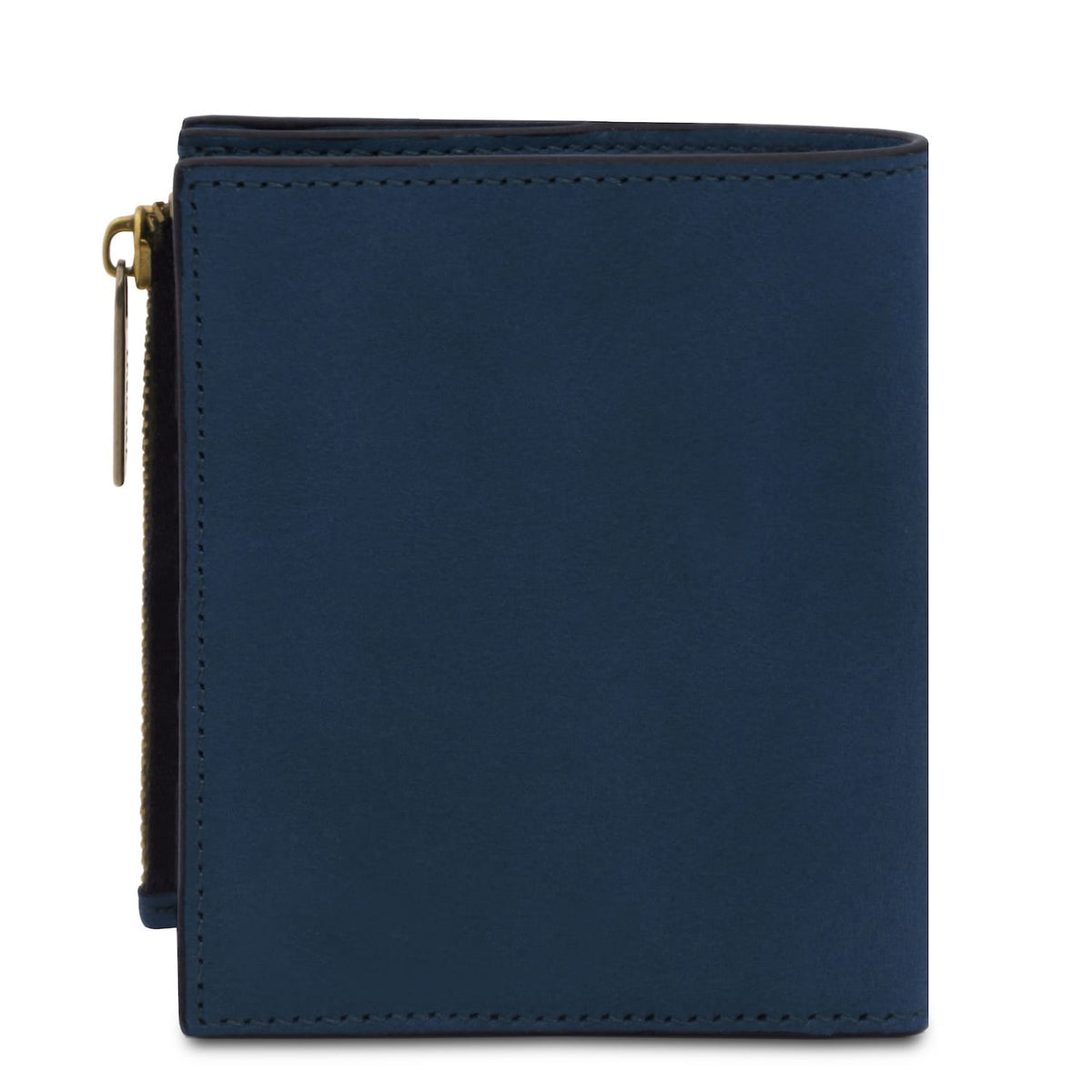 Portafoglio da uomo in pelle blu con tirazip dorato lungo il bordo