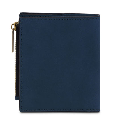 Portafoglio da uomo in pelle blu con tirazip dorato lungo il bordo