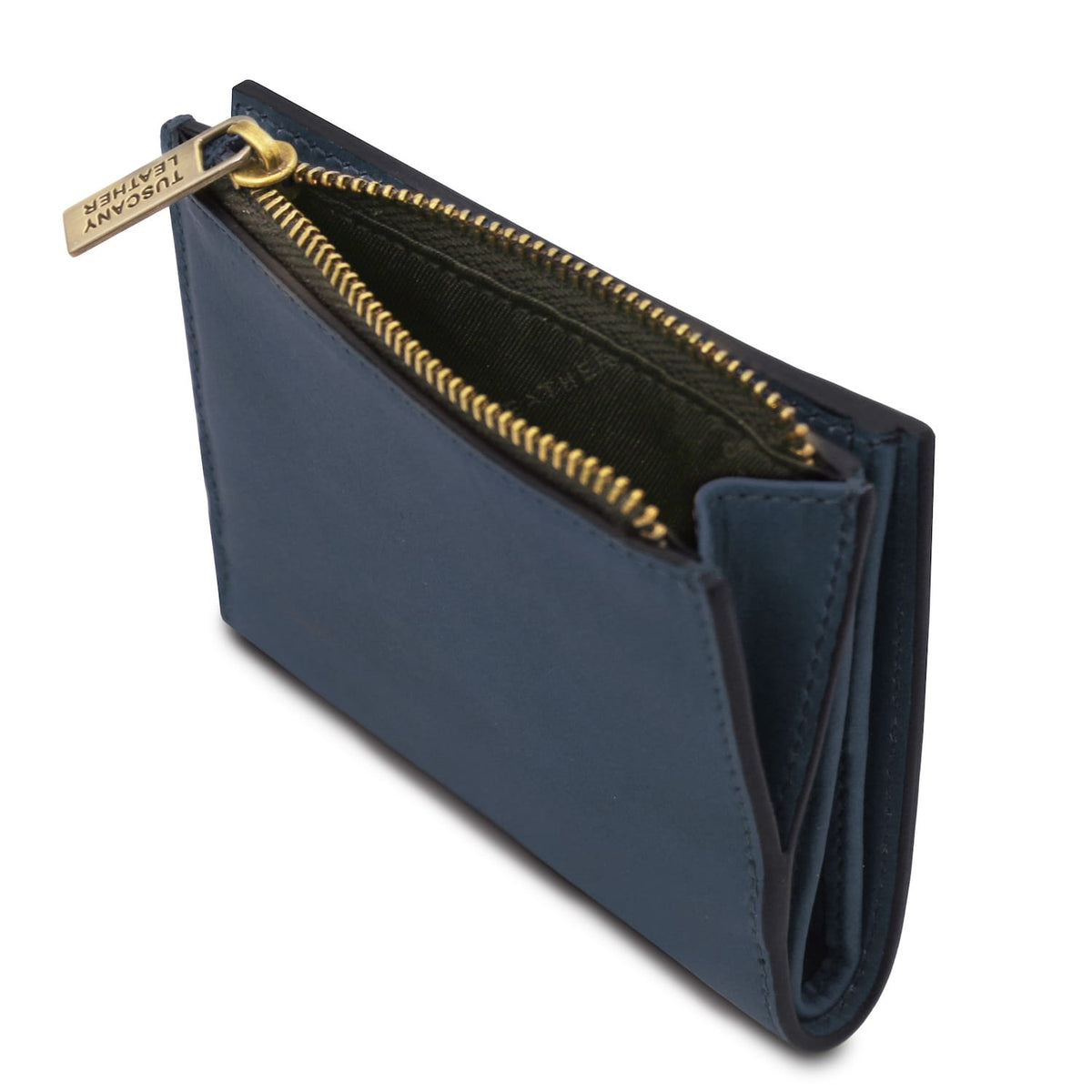 Blu portafoglio in pelle partially open che mostra scomparti interni e zip color oro