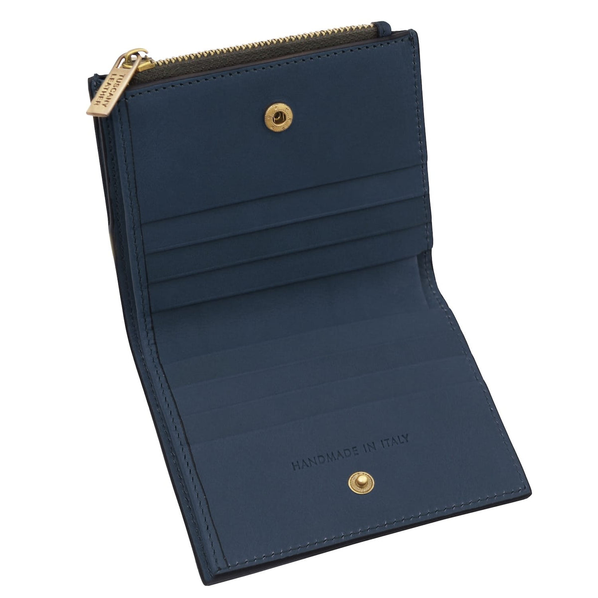 Exclusive blu blu navy portafoglio in pelle for men open to show scomparti per carte e zipperosso coin pocket con accessori metallici color oro